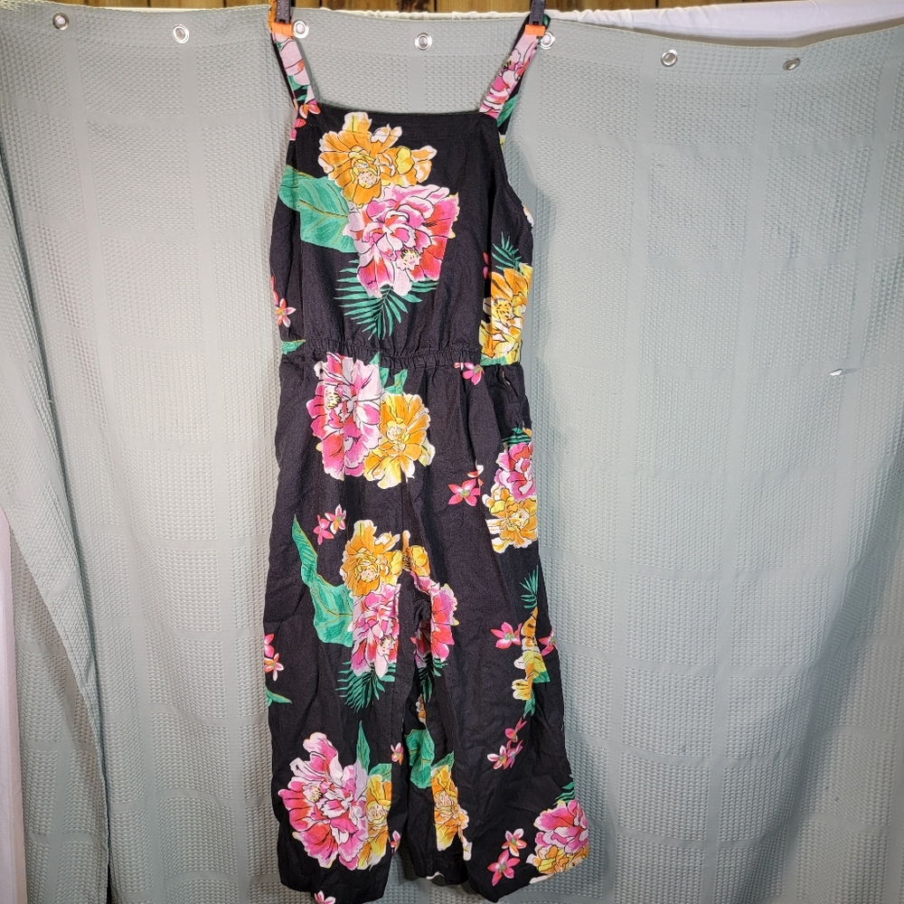 Old Navy Black Bright Hawaiin Floral Print Wide Leg Linen Blend Jumpsuit L